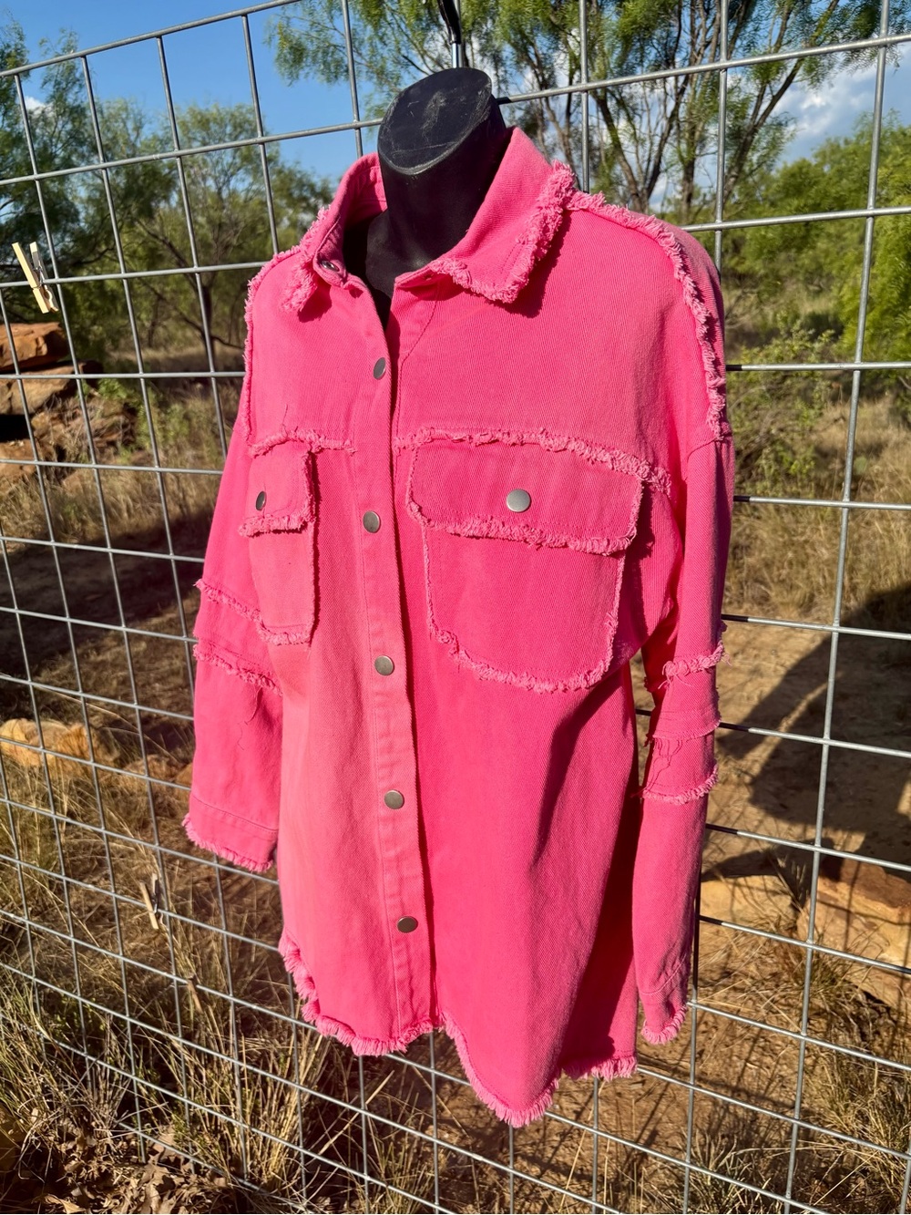 Hot Pink Frayed 'PEACE’ Denim Jacket - Picture 4 of 5